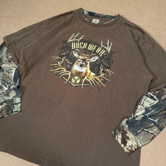 Y2K Buck Wear Deer Hunting Shirt XL Brown Camo Long Sleeve Double Layer Outdoors - Picture 2 of 9
